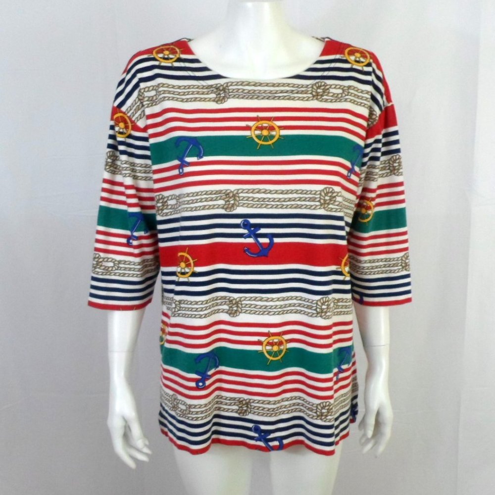 Laura Gayle Tunic Tee Multicolor Striped Nautical 3/4 Sleeve